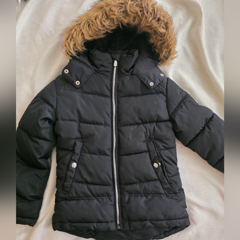 Kensie Black Puffer Jacket with Faux Fur Trim Girls Trendy Warm Cozy Size 7/8‎